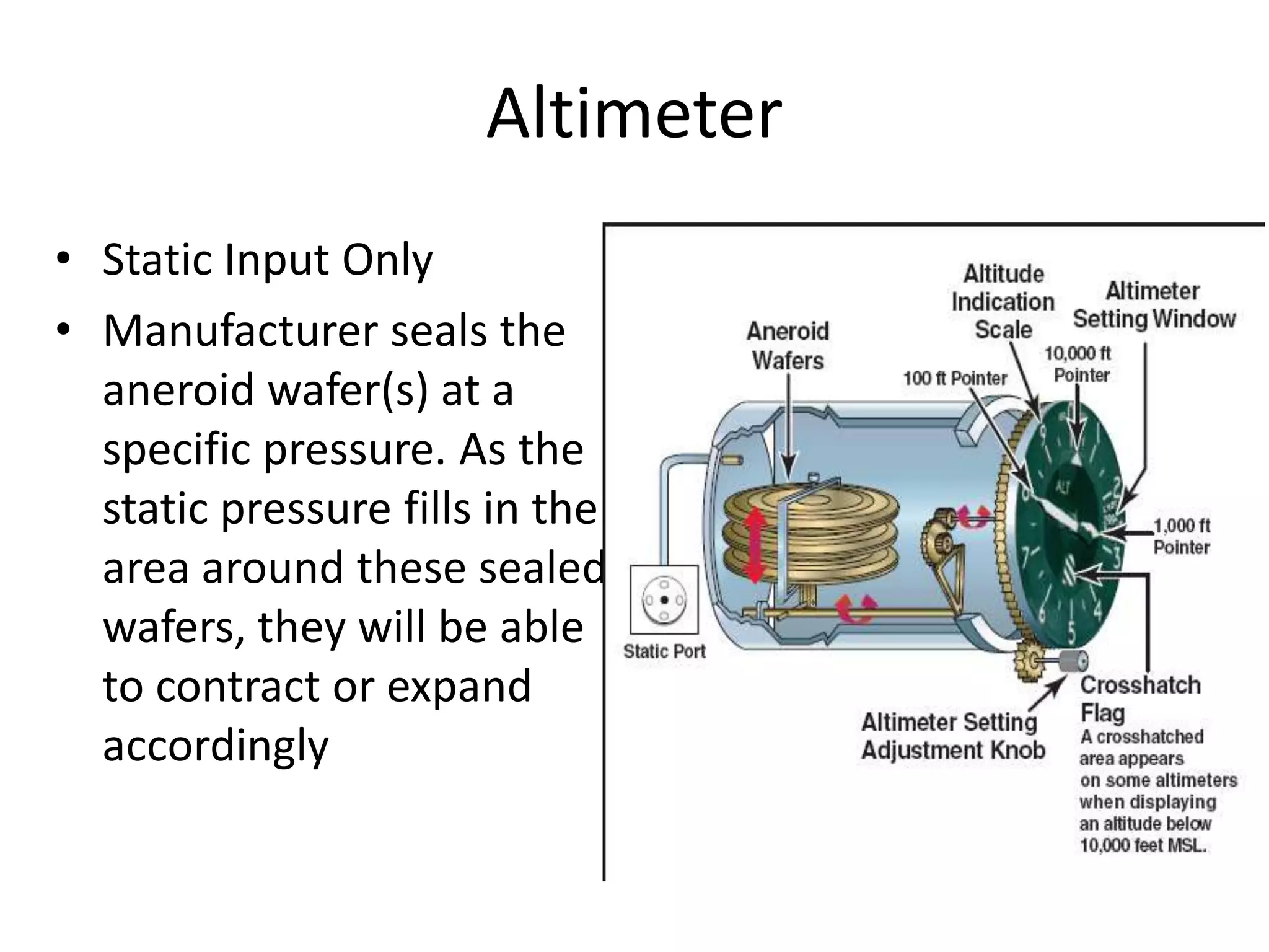 Altimeter
• Static Input Only
• Manufacturer seals the
  aneroid wafer(s) at a
  specific pressure. As the
  static pressure fills in the
  area around these sealed
  wafers, they will be able
  to contract or expand
  accordingly
 