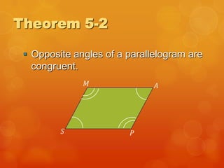 Theorem 5-2
 Opposite angles of a parallelogram are
congruent.
M

S

A

P

 