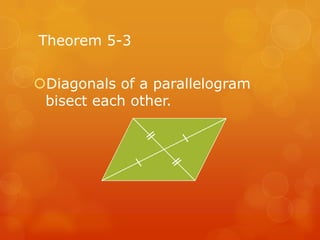 Theorem 5-3
Diagonals of a parallelogram
bisect each other.

 