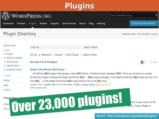 Plugins
Source - http://wordpress.org/extend/plugins/
 