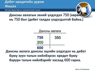 Дебет кредитийн дүрэм 
Жишээ 
Нягтлан бодох бүртгэл шинжилгээний тэнхим 
Дансны авлагын эхний үлдэгдэл 750 (хөрөнгө) 
нь 750 бол (дебет талдаа үлдэгдэлтэй байна.) 
Дансны авлага 
750 
200 
350 
600 
Дансны авлага дансны эцсийн үлдэгдэл нь дебет 
буюу зүүн талын нийлбэрээс кредит буюу 
баруун талын нийлбэрийг хасаад 600 гарна. 
Багш: Б.Нямдаваа 
 