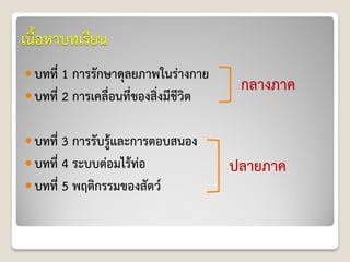 เนื้อหาบทเรียน
 บทที่ 1 การรักษาดุลยภาพในร่างกาย
 บทที่ 2 การเคลื่อนที่ของสิ่งมีชีวิต
 บทที่ 3 การรับรู้และการตอบสนอง
 บทที่ 4 ระบบต่อมไร้ท่อ
 บทที่ 5 พฤติกรรมของสัตว์
กลางภาค
ปลายภาค
 