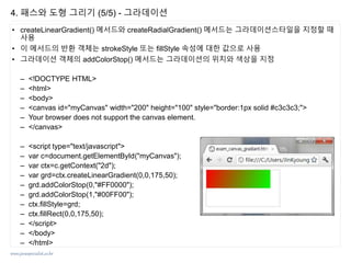 www.javaspecialist.co.kr
4. 패스와 도형 그리기 (5/5) - 그라데이션
• createLinearGradient() 메서드와 createRadialGradient() 메서드는 그라데이션스타일을 지정할 때
사용
• 이 메서드의 반환 객체는 strokeStyle 또는 fillStyle 속성에 대한 값으로 사용
• 그라데이션 객체의 addColorStop() 메서드는 그라데이션의 위치와 색상을 지정
– <!DOCTYPE HTML>
– <html>
– <body>
– <canvas id="myCanvas" width="200" height="100" style="border:1px solid #c3c3c3;">
– Your browser does not support the canvas element.
– </canvas>
– <script type="text/javascript">
– var c=document.getElementById("myCanvas");
– var ctx=c.getContext("2d");
– var grd=ctx.createLinearGradient(0,0,175,50);
– grd.addColorStop(0,"#FF0000");
– grd.addColorStop(1,"#00FF00");
– ctx.fillStyle=grd;
– ctx.fillRect(0,0,175,50);
– </script>
– </body>
– </html>
 