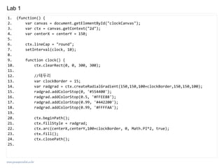 www.javaspecialist.co.kr
Lab 1
1. (function() {
2. var canvas = document.getElementById("clockCanvas");
3. var ctx = canvas.getContext("2d");
4. var centerX = centerY = 150;
5.
6. ctx.lineCap = "round";
7. setInterval(clock, 10);
8.
9. function clock() {
10. ctx.clearRect(0, 0, 300, 300);
11.
12. //테두리
13. var clockBorder = 15;
14. var radgrad = ctx.createRadialGradient(150,150,100+clockBorder,150,150,100);
15. radgrad.addColorStop(0, '#554400');
16. radgrad.addColorStop(0.5, '#FFEE88');
17. radgrad.addColorStop(0.99, '#442200');
18. radgrad.addColorStop(0.99, '#FFFFAA');
19.
20. ctx.beginPath();
21. ctx.fillStyle = radgrad;
22. ctx.arc(centerX,centerY,100+clockBorder, 0, Math.PI*2, true);
23. ctx.fill();
24. ctx.closePath();
25.
 