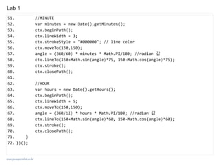 www.javaspecialist.co.kr
Lab 1
51. //MINUTE
52. var minutes = new Date().getMinutes();
53. ctx.beginPath();
54. ctx.lineWidth = 3;
55. ctx.strokeStyle = "#000000"; // line color
56. ctx.moveTo(150,150);
57. angle = (360/60) * minutes * Math.PI/180; //radian 값
58. ctx.lineTo(150+Math.sin(angle)*75, 150-Math.cos(angle)*75);
59. ctx.stroke();
60. ctx.closePath();
61.
62. //HOUR
63. var hours = new Date().getHours();
64. ctx.beginPath();
65. ctx.lineWidth = 5;
66. ctx.moveTo(150,150);
67. angle = (360/12) * hours * Math.PI/180; //radian 값
68. ctx.lineTo(150+Math.sin(angle)*60, 150-Math.cos(angle)*60);
69. ctx.stroke();
70. ctx.closePath();
71. }
72. })();
 
