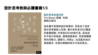 設計思考教師必讀書籍1/3
設計思考改造世界
Tim Brown 提姆．布朗
聯經出版社
這本書不是寫給設計師看的，而是為了追求
設計思考創意人所寫，書中有許多IDEO寶貴
的真實經驗。作者是IDEO的執行長，認為設
計不是只有風格，讓環境變美好，而是倚賴精
準的洞察力、觀察力、同理心，在混亂的地方
發現模式，在看似無關的碎片中找到亮光。
 
