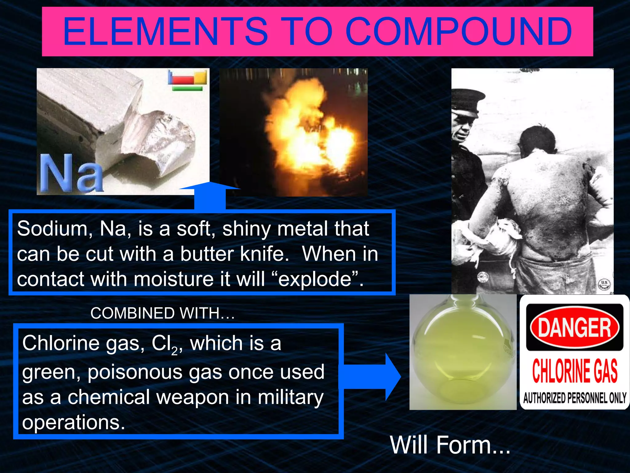 ELEMENTS TO COMPOUND COMBINED WITH… Will Form… Sodium, Na, is a soft, shiny metal that can be cut with a butter knife.  When in contact with moisture it will “explode”. Chlorine gas, Cl 2 , which is a green, poisonous gas once used as a chemical weapon in military operations.  