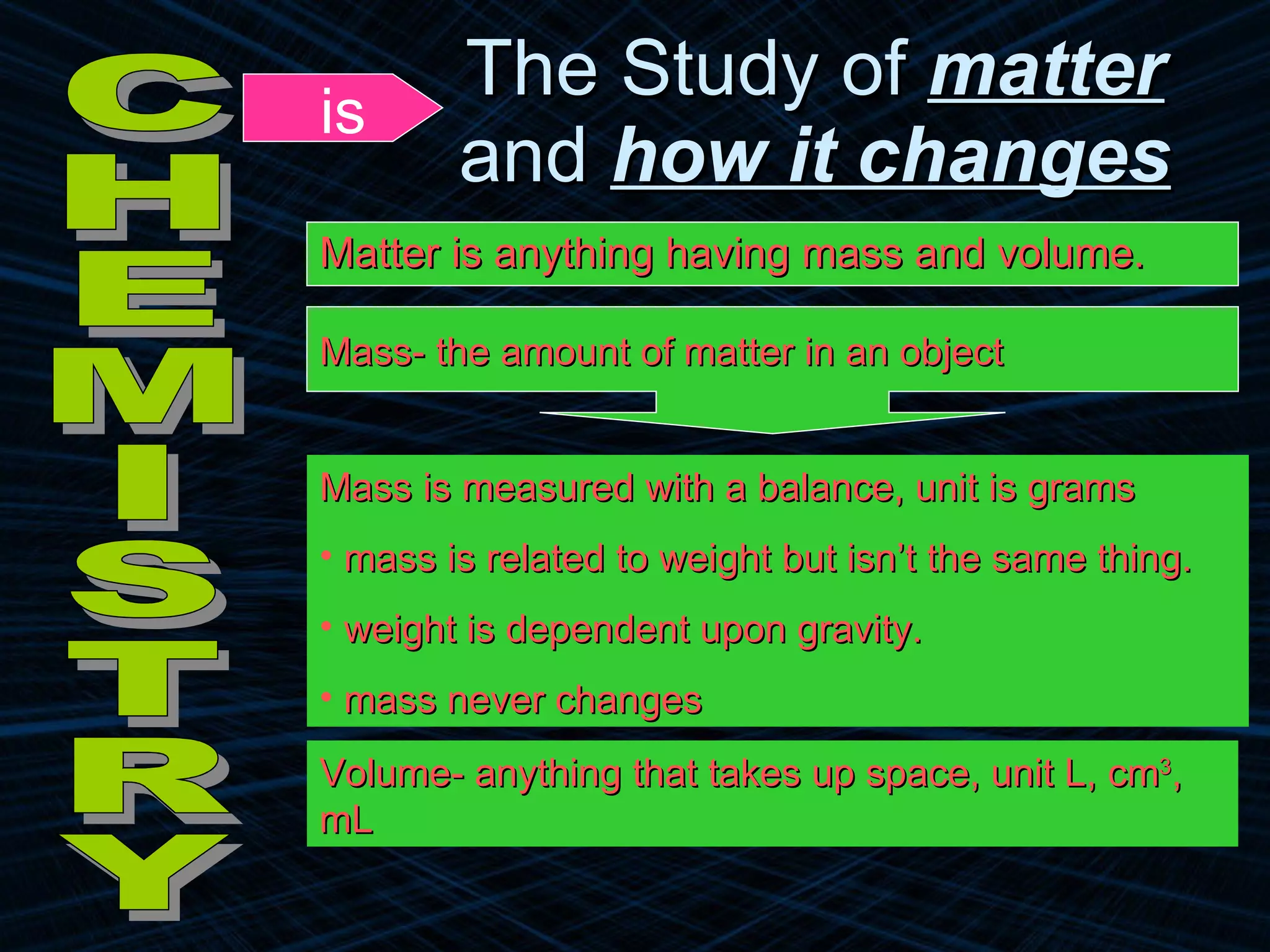 Matter is anything having mass and volume. The Study of  matter  and  how it changes CHEMISTRY Mass- the amount of matter in an object Mass is measured with a balance, unit is grams mass is related to weight but isn’t the same thing. weight is dependent upon gravity. mass never changes Volume- anything that takes up space, unit L, cm 3 , mL is 
