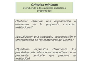 ¿Pudieron observar una organización o
estructura en la propuesta curricular
institucional?
¿Visualizaron una selección, secuenciación y
jerarquización de los contenidos del Diseño?
¿Quedaron expuestos claramente los
propósitos y/o intenciones educativas de la
propuesta curricular que propone la
institución?
Criterios mínimos
atendiendo a los modelos didácticos
presentados
 