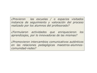 ¿Previeron las escuelas / o espacios visitados
instancia de seguimiento y valoración del proceso
realizado por los alumnos del profesorado?
¿Formularon actividades que enriquecieron los
aprendizajes, por lo innovadoras de las mismas?
¿Promovieron intercambios comunicativos auténticos
en las relaciones pedagógicas maestros-alumnos-
comunidad-redes?
 