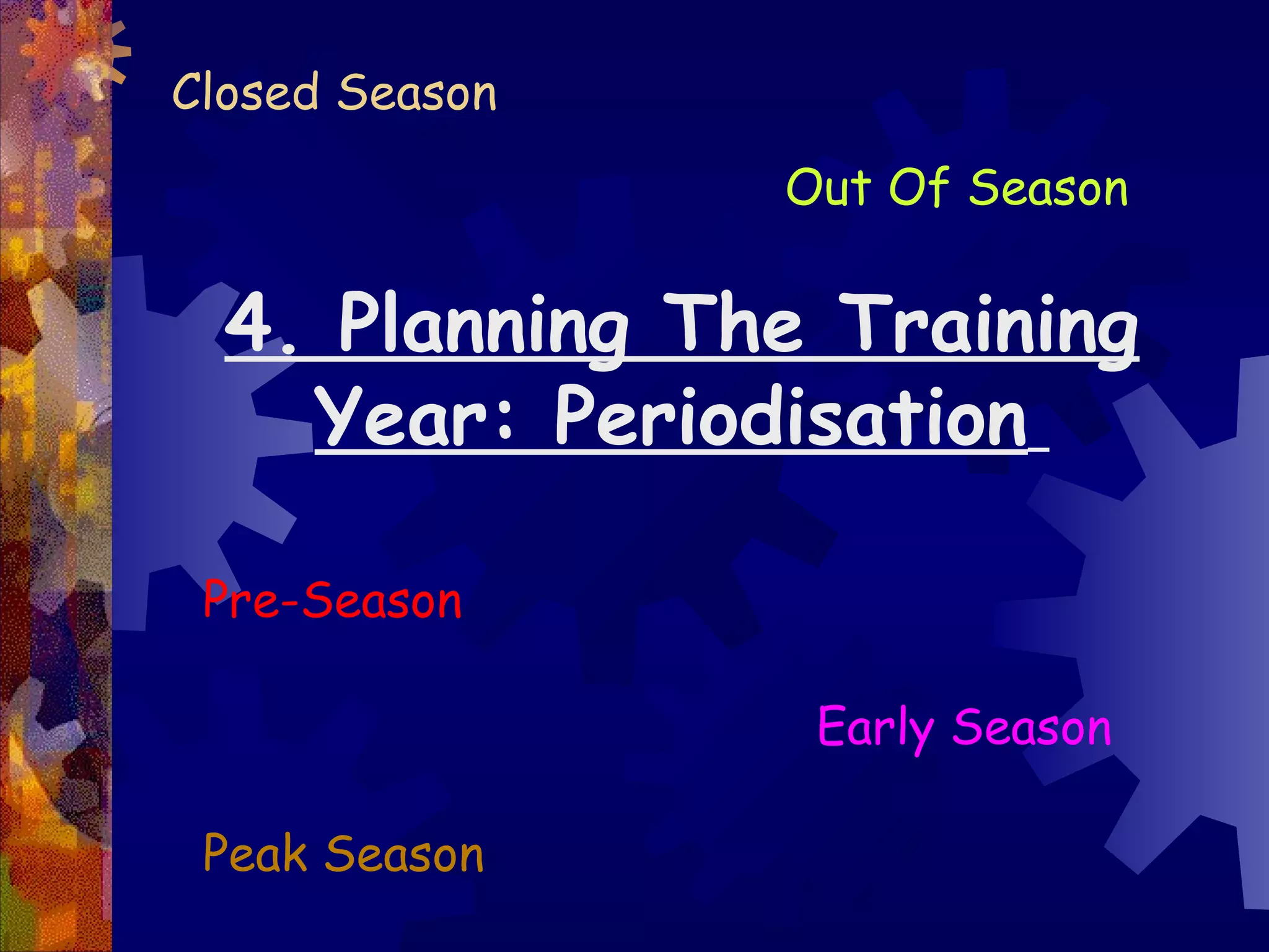 Closed Season
                Out Of Season

  4. Planning The Training
    Year: Periodisation

 Pre-Season

                 Early Season

 Peak Season
 