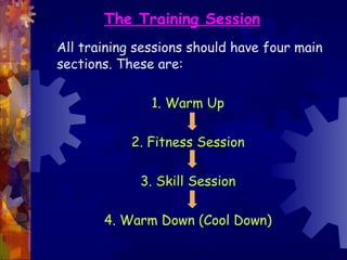 The Training Session
All training sessions should have four main
sections. These are:

               1. Warm Up

            2. Fitness Session

             3. Skill Session

       4. Warm Down (Cool Down)
 