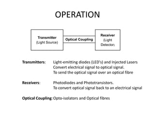 OPERATION
                                               Receiver
         Transmitter
                          Optical Coupling      (Light
        (Light Source)
                                               Detector)




Transmitters:     Light-emitting diodes (LED's) and Injected Lasers
                  Convert electrical signal to optical signal.
                  To send the optical signal over an optical fibre

Receivers:         Photodiodes and Phototransistors.
                   To convert optical signal back to an electrical signal

Optical Coupling: Opto-isolators and Optical fibres
 
