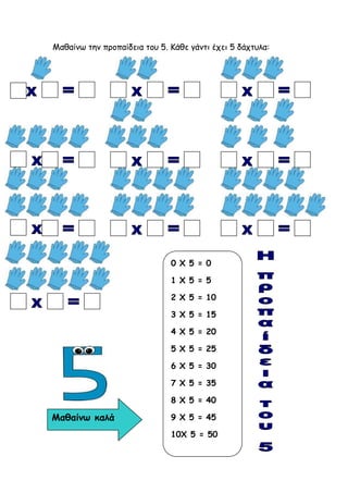 Μαθαίνω την προπαίδεια του 5. Κάθε γάντι έχει 5 δάχτυλα:
0 Χ 5 = 0
1 Χ 5 = 5
2 Χ 5 = 10
3 Χ 5 = 15
4 Χ 5 = 20
5 Χ 5 = 25
6...