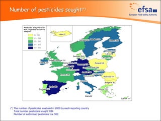 Number of pesticides sought(*)




(*) The number of pesticides analysed in 2009 by each reporting country
    Total number pesticides sought: 834
    Number of authorised pesticides: ca. 500
 