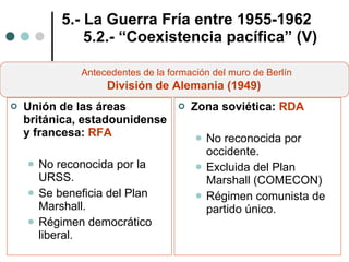 5.- La Guerra Fría entre 1955-1962   5.2.- “Coexistencia pacífica” (V) Unión de las áreas británica, estadounidense y francesa:   RFA No reconocida por la URSS. Se beneficia del Plan Marshall. Régimen democrático liberal. Zona soviética:   RDA No reconocida por occidente. Excluida del Plan Marshall (COMECON) Régimen comunista de partido único. Antecedentes de la formación del muro de Berlín  División de Alemania (1949)   