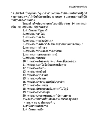 ระบบบริหารราชการไทย


โดยมีอธิบดีเป็นผู้บังคับบัญชาข้าราชการและรับผิดชอบในการปฏิบัติ
ราชการของกรมให้เป็นไปตามนโยบาย แนวทาง และแผนการปฏิบัติ
ราชการของกระทรวง
         โครงสร้างใหม่ของราชการไทยเปลี่ยนจาก 14 กระทรวง
เป็น 20 กระทรวง ประกอบด้วย
         1. สำานักนายกรัฐมนตรี
         2. กระทรวงกลาโหม
         3. กระทรวงการคลัง
         4. กระทรวงการต่างประเทศ
         5. กระทรวงการพัฒนาสังคมและความมั่นคงของมนุษย์
         6. กระทรวงการศึกษา
         7. กระทรวงกีฬาและกิจการเยาวชน
         8. กระทรวงเกษตรและสหกรณ์
         9. กระทรวงคมนาคม
         10.กระทรวงทรัพยากรธรรมชาติและสิ่งแวดล้อม
         11.กระทรวงเทคโนโลยีและการสื่อสาร
         12.กระทรวงพลังงาน
         13.กระทรวงพาณิชย์
         14.กระทรวงมหาดไทย
         15.กระทรวงยุติธรรม
         16.กระทรวงแรงงานและพัฒนาอาชีพ
         17.กระทรวงวัฒนธรรม
         18.กระทรวงวิทยาศาสตร์และเทคโนโลยี
         19.กระทรวงสาธารณสุข
         20.กระทรวงอุตสาหกรรมและผู้ประกอบการ
         สำาหรับส่วนราชการที่ไม่สังกัดสำานักนายกรัฐมนตรี
         กระทรวง ทบวง ประกอบด้วย
         1. สำานักราชเลขาธิการ
         2. สำานักพระราชวัง
 