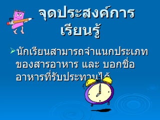 จุดประสงค์การเรียนรู้ นักเรียนสามารถจำแนกประเภทของสารอาหาร และ บอกชื่ออาหารที่รับประทานได้ 