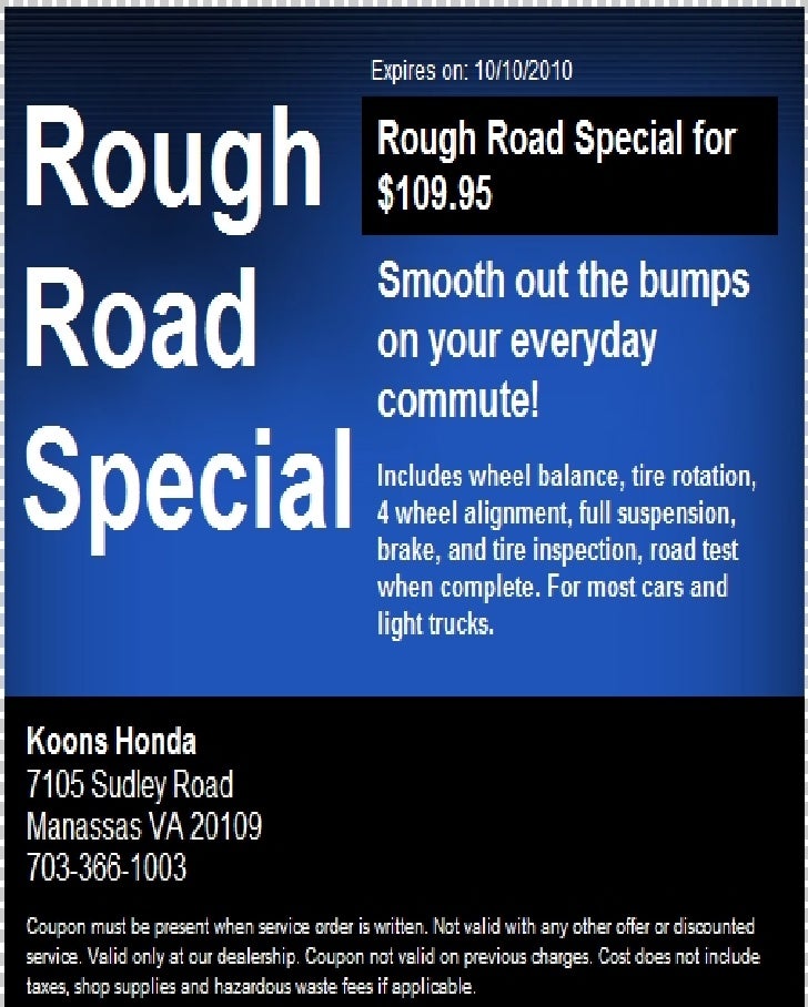 Manassas Koons Honda Rough Road Special Coupon VA