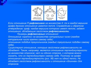 Если отношение R рефлексивно на множестве Х, то в каждой вершине
графа данного отношения имеется петля. Справедливо и обратное
утверждение: граф, каждая вершина которого имеет петлю, задает
отношения, обладающие свойством рефлексивности.
Примеры рефлексивных отношений:
Отношение «кратно» на множестве натуральных чисел (каждое
натуральное число кратно самому себе);
отношение подобия треугольников (каждый треугольник подобен самому
себе).
Существуют отношения, которые свойством рефлексивности не
обладают. Таким, например, является отношение перпендикулярности
на множестве отрезков: нет ни одного отрезка, о котором можно
сказать, что он перпендикулярен самому себе. Поэтому на графе
отношения перпендикулярности (рис. 99) нет ни одной петли. Не
обладает свойством рефлексивности и отношение «длиннее» для
отрезков.
 