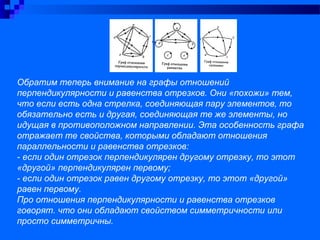 Обратим теперь внимание на графы отношений
перпендикулярности и равенства отрезков. Они «похожи» тем,
что если есть одна стрелка, соединяющая пару элементов, то
обязательно есть и другая, соединяющая те же элементы, но
идущая в противоположном направлении. Эта особенность графа
отражает те свойства, которыми обладают отношения
параллельности и равенства отрезков:
- если один отрезок перпендикулярен другому отрезку, то этот
«другой» перпендикулярен первому;
- если один отрезок равен другому отрезку, то этот «другой»
равен первому.
Про отношения перпендикулярности и равенства отрезков
говорят. что они обладают свойством симметричности или
просто симметричны.
 
