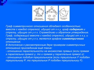Граф симметричного отношения обладает особенностью:
вместе с каждой стрелкой, идущей от х к у, граф содержит и
стрелку, идущую от у к х. Справедливо и обратное утверждение.
Граф, содержащий вместе с каждой стрелкой, идущей от х к у, и
стрелку, идущую от у к х, является графом симметричного
отношения.
В дополнение к рассмотренным двум примерам симметричных
отношений присоединим ещё такие:
- отношение параллельности на множестве прямых (если прямая
х параллельна прямой у, то и прямая у параллельна прямой х);
- отношение подобия треугольников (если треугольник F подобен
треугольнику Р, то треугольник Р подобен треугольнику F).
 