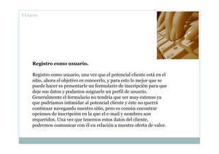 Registro como usuario.
Registro como usuario, una vez que el potencial cliente está en el
sitio, ahora el objetivo es cono...
