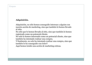 Adquisición.
Adquisición, no sólo hemos conseguido interesar a alguien con
nuestra acción de marketing, sino que también l...