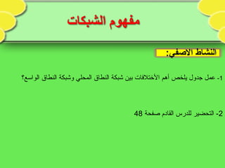 :‫الفصفي‬ ‫النشاط‬
1-‫الواسع؟‬ ‫النطاق‬ ‫وشبكة‬ ‫المحلي‬ ‫النطاق‬ ‫شبكة‬ ‫بين‬ ‫الختلفات‬ ‫أهم‬ ‫يلخص‬ ‫جدول‬ ‫عمل‬
2‫صفحة‬ ‫القادم‬ ‫للدرس‬ ‫التحضير‬ -48
 