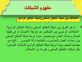 ‫الواسع‬ ‫النطاق‬ ‫وشبكة‬ ‫المحلي‬ ‫النطاق‬ ‫شبكة‬ ‫بين‬ ‫التختلف‬‫الواسع‬ ‫النطاق‬ ‫وشبكة‬ ‫المحلي‬ ‫النطاق‬ ‫شبكة‬ ‫بين‬ ‫التختلف‬
::
‫الواسع؟‬ ‫النطاق‬ ‫وشبكة‬ ‫المحلي‬ ‫النطاق‬ ‫شبكة‬ ‫بين‬ ‫الفرق‬ ‫هو‬ ‫ما‬
‫كيفية‬ ‫في‬ ‫أو‬ ‫التصال‬ ‫طريقة‬ ‫هو‬ ‫الشبكتين‬ ‫بين‬ ‫الرئيسي‬ ‫التختلف‬
‫المحلي‬ ‫النطاق‬ ‫شبكة‬ ‫تربط‬ ‫حيث‬ .‫بعضها‬ ‫مع‬ ‫العمل‬ ‫وحدات‬ ‫اتصال‬
‫مع‬ (‫...الخ‬ ‫التصوير‬ ‫وآلة‬ ‫والطابعة‬ ‫)الحاسوب‬ ‫العمل‬ ‫وحدات‬ ‫بين‬
‫الصغيرة‬ ‫الشبكات‬ ‫الواسع‬ ‫النطاق‬ ‫شبكة‬ ‫تربط‬ ‫بينما‬ ‫البعض‬ ‫بعضها‬
.‫الشبكات‬ ‫من‬ ‫وغيرها‬ ‫المحلي‬ ‫النطاق‬ ‫شبكات‬ ‫مثل‬
 