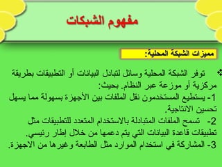 :‫المحلية‬ ‫الشبكة‬ ‫مميزات‬:‫المحلية‬ ‫الشبكة‬ ‫مميزات‬
‫بطريقة‬ ‫التطبيقات‬ ‫أو‬ ‫البيانات‬ ‫لتبادل‬ ‫وسائل‬ ‫المحلية‬ ‫الشبكة‬ ‫توفر‬
:‫بحيث‬ .‫النظام‬ ‫عبر‬ ‫موزعة‬ ‫أو‬ ‫مركزية‬
1‫يسهل‬ ‫مما‬ ‫بسهولة‬ ‫الهجهزة‬ ‫بين‬ ‫الملفات‬ ‫نقل‬ ‫المستخدمون‬ ‫يستطيع‬ -
.‫النتاهجية‬ ‫تحسين‬
2‫مثل‬ ‫للتطبيقات‬ ‫المتعدد‬ ‫بالستخدام‬ ‫المتبادلة‬ ‫الملفات‬ ‫تسمح‬ -
.‫رئيسي‬ ‫إطار‬ ‫خلل‬ ‫من‬ ‫دعمها‬ ‫يتم‬ ‫التي‬ ‫البيانات‬ ‫قاعدة‬ ‫تطبيقات‬
3.‫الهجهزة‬ ‫من‬ ‫وغيرها‬ ‫الطابعة‬ ‫مثل‬ ‫الموارد‬ ‫استخدام‬ ‫في‬ ‫المشاركة‬ -
 