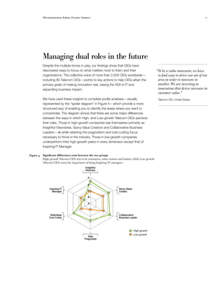 Telecommunications Industry Executive Summary                                                                                     11




           Managing dual roles in the future
           Despite the multiple forces in play, our findings show that CIOs have
           discovered ways to focus on what matters most to them and their                               “To be a value innovator, we have
           organizations. The collective voice of more than 2,500 CIOs worldwide –                        to find ways to drive cost out of one
           including 80 Telecom CIOs – points to key actions to help CIOs attain the                      area in order to innovate in
           primary goals of making innovation real, raising the ROI of IT and                             another. We are investing in
           expanding business impact.                                                                     innovation that drives increases in
                                                                                                          customer value.”
           We have used these insights to complete profile analyses – visually                            Telecom CIO, United States
           represented by the “spider diagram” in Figure 4 – which provide a more
           structured way of enabling you to identify the areas where you want to
           concentrate. The diagram shows that there are some major differences
           between the ways in which High- and Low-growth Telecom CIOs perceive
           their roles. Those in high-growth companies see themselves primarily as
           Insightful Visionaries, Savvy Value Creators and Collaborative Business
           Leaders – all while retaining the pragmatism and cost-cutting focus
           necessary to thrive in the industry. Those in low-growth companies
           underperform their high-growth peers in every dimension except that of
           Inspiring IT Manager.

Figure 4	 Significant differences exist between the two groups
          High-growth Telecom CIOs aim to be visionaries, value creators and leaders, while Low-growth
          Telecom CIOs stress the importance of being Inspiring IT managers.
                                                   Insightful

                                                   Visionary



                                                     7

                                                     6	
                 Inspiring IT                                            Savvy Value
                   Manager                           5                   Creator

                                                     4

                                                     3



                 Relentless                                              Collaborative
                Cost Cutter                                              Business Leader




                                                                                       High-growth
                                                                                       Low-growth
                                                     Able

                                                  Pragmatist

 