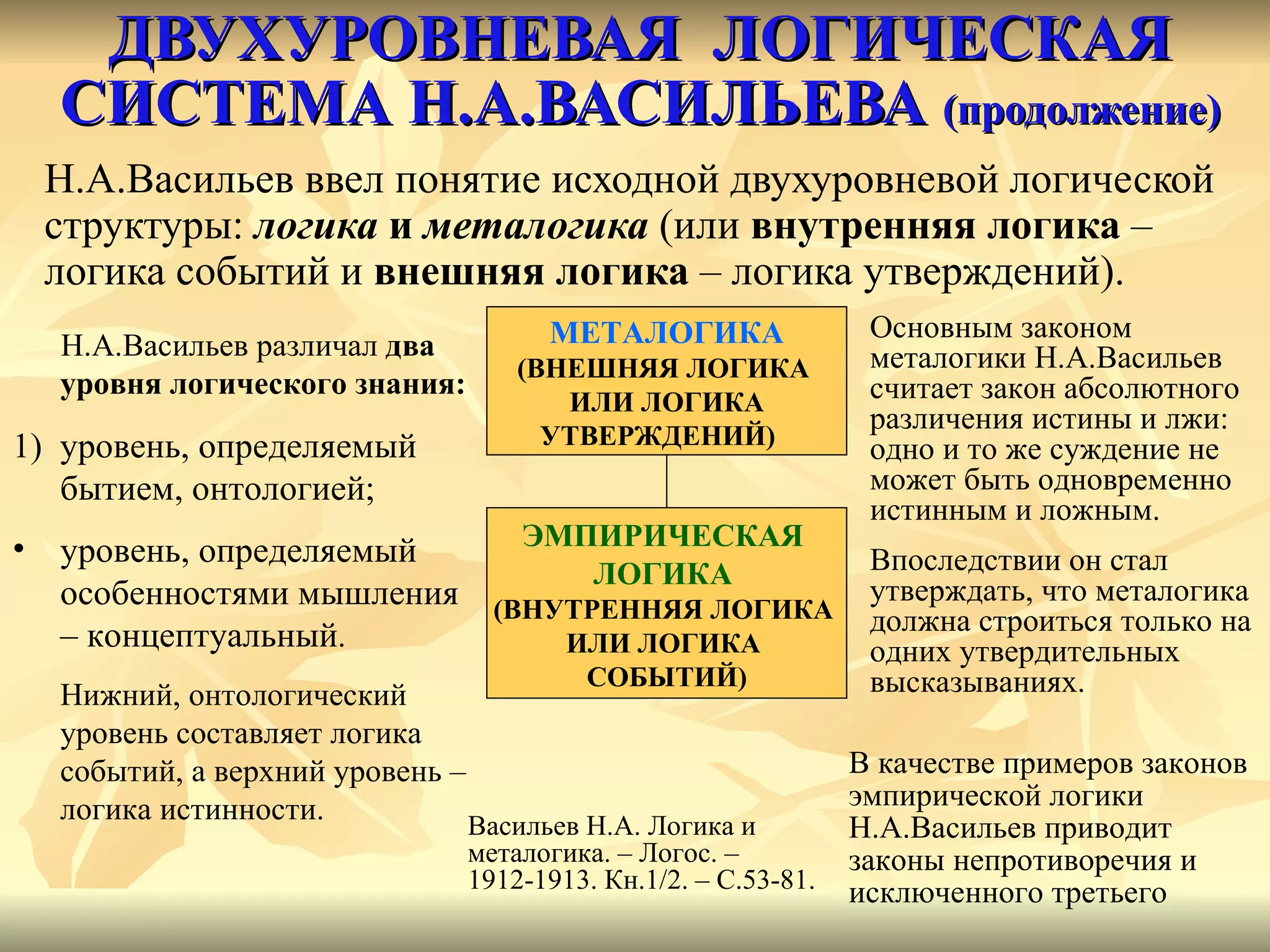 ДВУХУРОВНЕВАЯ  ЛОГИЧЕСКАЯ СИСТЕМА Н.А.ВАСИЛЬЕВА  (продолжение) Н. A .Васильев ввел понятие исходной двухуровневой логической структуры:  логика  и  металогика  (или  внутренняя логика  –  логика событий и  внешняя логика  – логика утверждений). МЕТАЛОГИКА (ВНЕШНЯЯ ЛОГИКА  ИЛИ ЛОГИКА УТВЕРЖДЕНИЙ) ЭМПИРИЧЕСКАЯ  ЛОГИКА  (ВНУТРЕННЯЯ ЛОГИКА  ИЛИ ЛОГИКА  СОБЫТИЙ) Н.А.Васильев различал  два уровня логического знания: 1)  уровень, определяемый бытием, онтологией; уровень, определяемый особенностями мышления – концептуальный .  Нижний, онтологический уровень составляет логика событий, а верхний уровень – логика истинности. Васильев Н.А. Логика и металогика. – Логос. – 1912-1913. Кн.1/2. –  C .53-81. Основным законом металогики Н.А.Васильев считает закон абсолютного различения истины и лжи: одно и то же суждение не может быть одновременно истинным и ложным. Впоследствии он стал утверждать, что металогика должна строиться только на одних утвердительных высказываниях. В качестве примеров законов эмпирической логики Н.А.Васильев приводит законы непротиворечия и исключенного третьего 