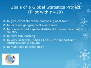 Goals of a Global Statistics Project
              (Pilot with n=19)

 To give concepts of the course a global twist
 To increase geographical awareness
 To research and explain statistical information about a
  country
 To have fun learning
 To work in teams (parts I and II) for support and
  interpretation of results
 To make use of technology
 