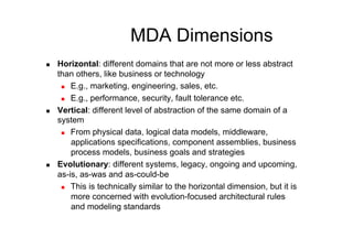 MDA Dimensions
    Horizontal: different domains that are not more or less abstract
     than others, like business or technology
        E.g., marketing, engineering, sales, etc.

        E.g., performance, security, fault tolerance etc.

    Vertical: different level of abstraction of the same domain of a
     system
        From physical data, logical data models, middleware,

         applications specifications, component assemblies, business
         process models, business goals and strategies
    Evolutionary: different systems, legacy, ongoing and upcoming,
     as-is, as-was and as-could-be
        This is technically similar to the horizontal dimension, but it is

         more concerned with evolution-focused architectural rules
         and modeling standards
 