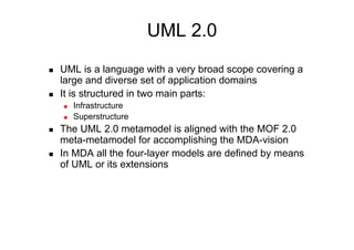 UML 2.0
    UML is a language with a very broad scope covering a
     large and diverse set of application domains
    It is structured in two main parts:
         Infrastructure
         Superstructure
    The UML 2.0 metamodel is aligned with the MOF 2.0
     meta-metamodel for accomplishing the MDA-vision
    In MDA all the four-layer models are defined by means
     of UML or its extensions
 