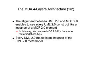 The MDA 4-Layers Architecture (1/2)


    The alignment between UML 2.0 and MOF 2.0
     enables to see every UML 2.0 construct like an
     instance of a MOF 2.0 element
         In this way, we can see MOF 2.0 like the meta-
          metamodel of UML2
    Every UML 2.0 model is an instance of the
     UML 2.0 metamodel
 