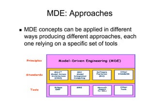 MDE: Approaches
    MDE concepts can be applied in different
     ways producing different approaches, each
     one relying on a specific set of tools
 