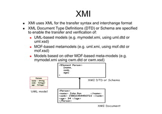 XMI
    XMI uses XML for the transfer syntax and interchange format
    XML Document Type Definitions (DTD) or Schema are specified
     to enable the transfer and verification of:
        UML-based models (e.g. mymodel.xmi, using uml.dtd or
         uml.xsd)
        MOF-based metamodels (e.g. uml.xmi, using mof.dtd or
         mof.xsd)
        Models based on other MOF-based meta-models (e.g.
         mymodel.xmi using cwm.dtd or cwm.xsd)
 