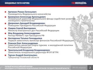 ОЖИДАЕМЫЕ ГОСТИ ФОРУМА                                           ГОСМОЛОДЁЖЬ


   Артюхин Роман Евгеньевич
   Руководитель Федерального казначейства
   Браверман Александр Арнольдович
   Генеральный директор Федерального фонда содействия развитию
   жилищного строительства
   Дворкович Аркадий Владимирович
   Помощник Президента Российской Федерации
   Лавров Сергей Викторович
   Министр иностранных дел Российской Федерации
   Мау Владимир Александрович
   Ректор РАНХиГС при Президенте РФ
   Нестеренко Татьяна Геннадьевна
   Первый заместитель министра финансов Российской Федерации
   Рожнов Олег Александрович
   Заместитель министра спорта туризма и молодёжной политики
   Российской Федерации
   Троепольский Владимир Владимирович
   Заместитель генерального директора ФГУП ВГТРК
   Турчак Андрей Анатольевич
   Губернатор Псковской области


ПЕРВЫЙ ВСЕРОССИЙСКИЙ ФОРУМ
МОЛОДЫХ СОТРУДНИКОВ ФЕДЕРАЛЬНЫХ ОРГАНОВ ГОСУДАРСТВЕННОЙ ВЛАСТИ   20-22 апреля   2
 
