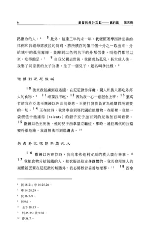 6                                       基督教典外文獻   舊約篇       第五冊




路撒冷的人。                   8 此外，每逢三年的末一年，我便照著摩西律法書的
律例和我祖母底波拉的吩咐，將所積存的第三個十分之一取出來，分

給城中的孤兒寡婦，並歸到以色列名下的外邦信徒，叫他們都可以

來，吃得飽足。                    9 自我父親去世後，我便成為孤見。長大成人後，
我娶了同宗族的女子為妻，生了一個見子，起名叫多比雅。 B



干皮搏到尼尼微城



         10 後來我被擴到亞述國，在尼尼微作俘虜。親人和族人都吃外邦
人的食物， 9                  唯獨我不吃，
                                      12 因為我一心一意記念上帝。        至高

者使我在亞述王撒鰻以色面前蒙恩，王便打發我負責為他購買所需要

的一切              1 4 王在位時，我常奉命到瑪代國給他購物。在那裡，我把一
袋價值十他連得(                  talents   )的銀子交予加百列的兄弟加百耳看管。

1 5 撒鰻以色王死後，他的兒子西拿基立繼位。那時，通往瑪代的公路

變得很危險，我就無法再到那邊去。 1 0



英勇多比埋葬本族死人



         1   6 撒鰻以色在位時，我向拿弗他利支派的族人廣行善事。 11
1 7 我把食物分給飢餓的人，把衣服送給赤身露體的。我若發現族人的
屍體被丟棄在尼尼微的城牆外，我必將骸骨妥善地埋葬。 12                            1   8 西拿



6    民 18:21 ;申 14:25 ， 26 。

7    申 14:28 ， 29    0




8    民 36:7 -9   0




9    何 9:3 。

10   王下 18: 13 。

11   利 25:35; 徒 9:36 。

12   賽 58:7 。
 