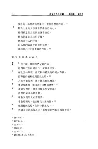 154                           基督教典外文獻一一一舊約篇   第五冊




         愛他的，必愛慕他的律法，晝夜思想他的話。         3 1

17       敬畏上主的人必常常預備自己的心，

         他們願意在上主面前謙卑自己。

         願我們落在上主的手裡'

         勝過落在人的于裡。

         因為他的威嚴好比他的慈愛，

         他的美名好比他奇妙的作為。 32




對父母官畫的本分



3        l 孩子啊，當聽你們父親的話;
         你們照我的吩咐而行，便能享平安。
2        在上主的眼裡，作父親的總比他的兒女尊貴，

         而母親的權利也高於兒女的。 3 3
?
J
A
         人若孝敬父親，就好比為自己贖罪。
可
         尊敬母親的，如同為自己積聚財寶。 34
F
3
         孝敬父親的，將來也能享見女的福;

         他們的祈求必蒙垂聽。
6
         尊敬父親的人必享長壽，
         孝敬母親的，也必聽從上主的話。 3 5

7        他們侍候父母，如同侍候主人。“
8        無論在言語或行為上，都要使你們的父親得尊榮，



31   詩 119:97 。

泣撒下 24:      14       0




m    出 20: 12 。

34 提前 6: 19       。

35 出 20: 12 。

36 路 2:51 ;弗 6: 1; 西 3:20 。
 