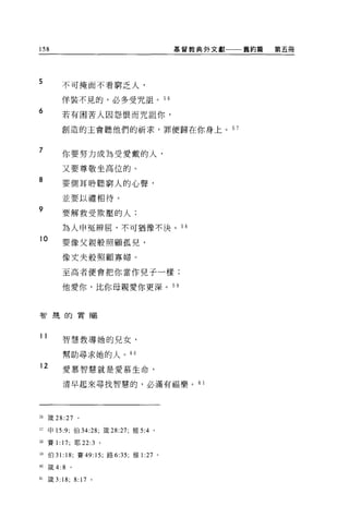 158                                       基督教典外文獻一一一舊約篇   第五冊




5         不可掩面不看窮乏人，

          佯裝不見的，必多受咒詛。 5 6
6         若有困苦人因怨恨而咒詛你，

          創造的主會聽他們的祈求，罪便歸在你身上。 5 7


7
          你要努力成為受愛戴的人，

          又要尊敬坐高位的。
8
          要側耳聆聽窮人的心聲，
          並要以禮相待。

9         要解救受欺壓的人;

          為人申冤辨屈，不可猶豫不決。 58

10        要像父親般照顧孤兒，

          像丈夫般照顧寡婦。

          至高者便會把你當作兒子一樣;

          他愛你，比你母親愛你更深。 59



智聾的實賜



11
          智慧教導她的兒女，

          幫助尋求她的人。 60
12        愛慕智慧就是愛慕生命，


          清早起來尋找智慧的，必滿有福樂。 6 1




前儀 28:27       0




57 申 15:9; 伯 34:28; 接 28:27; 雅 5:4 。

站賽 1: 17; 耶 22:3 。

59 伯 31: 18; 賽 49: 15; 路 6:35; 雅 1:27 。

60 歲 4:8 。

61 鐵 3:   18; 8: 17   。
 