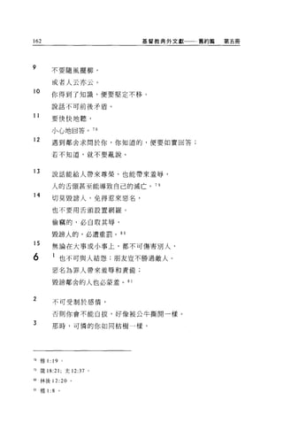 162                           基督教典外文獻   舊約篇   第五冊




9           不要隨風擺柳，

            或者人云亦云。
10
            你得到了知識，便要堅定不移。

            說話不可前後矛盾。

11
            要快快地聽，

            小心地回答。 78

12          遇到鄰舍求問於你，你知道的，便要如實回答;

            若不知道，就不要亂說。


13          說話能給人帶來尊榮，也能帶來羞辱，

            人的舌頭甚至能導致自己的滅亡。 7 日
14
            切莫毀謗人，免得惹來惡名，
            也不要用舌頭設置網羅。


            偷竊的，必自取其辱，

            毀謗人的，必遭重罰。 80
15          無論在大事或小事上，都不可傷害別人，

6           l 也不可與人結怨;朋友豈不勝過敵人。
            惡名為罪人帶來羞辱和責備;

            毀謗鄰舍的人也必蒙羞。 8 1


2           不可受制於感情，

            否則你會不能自拔，好像被公牛撕開一樣。

3           那時，可憐的你如同枯樹一樣，




市雅 1: 19            。


市議 18:21 ;太 12:37 。

別林後 12:20               0




81   雅 1:   8   0
 