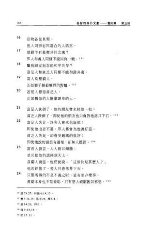 186                               基督教典外文獻一一舊約篤   第五冊




16      活物各從其類，


        世人則與志同道合的人結交。
17
        狼跟羊有甚麼共同之處?

        罪人和義人同樣不能同負一輒。 191

18      囂狗跟家狗怎能和平共存?

        富足人和貧乏人同樣不能和諧共處。
19
        富人數壓窮人，
        正如獅子捕般曠野的野驢。 1 92

20
        富足人厭惡貧乏人，
        正如驕傲的人厭棄謙卑的人。


21
        富足人跌倒了，他的朋友會來扶他一把;

        貧乏人跌倒了，即使他的朋友也只會對他落井下石。 1 93
22
        富足人失足，許多人會來包庇他;

        即使他出言不遜，眾人都會為他說好話。

        貧乏人失足，卻會受嚴厲的批評;

        即使他說的話很有道理，卻無人聽從。             1 94

23
        富有人發言，人人側耳傾聽:

        並且把他的話捧到天上。

        貧窮人說話，他們便說，-這傢伙是甚麼人? J

        他若絆倒了，旁人只會落井下石。
24      只要所得的不是不義之財，富有並非壞事。

        貧窮本身也不是羞恥，只有惡人視窮困如邪惡。 1 95



191 饒 29:27; 林後 6:14 ， 15 。

l也賽 3: 14 ， 15; 耶 2:24; 摩 8:4 。

1凹籤 14:20; 19:7 。

194 傳 9: 凹， 16 。

195 耶 17:   11   0
 