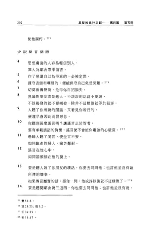 202                           基督教典外文獻一一一舊約篇      第五冊




        使他腐朽。           275




少說聞言聞語




4       思想膚淺的人容易輕信別人，

        罪人為鄰舍帶來傷害。
F
且
，
。       作了惡還自以為得意的，必被定罪。
可

        謹守舌頭和嘴唇的，便能保守自己免受災難。 27 6
f
o
o       切莫做傳聲筒，免得你自招損失 o

        無論對朋友或是敵人，不該說的話就不要說，

        不該揭發的就不要揭發，除非不這樣做就等於犯罪。

9
        人聽了你所說的開話，又看見你所行的，

        便遲早會因此而恨惡你。

10      你聽到甚麼謠言嗎?讓謠言止於智者。

        要有承載話語的胸懷，謠言便不會使你剛強的心破裂。              27 7

11      愚昧人聽了聞言，便坐立不安，

        如同臨產的婦人，痛苦難耐。

12      謠言在他心中，

        如同箭頭插在他的腿上。



13
        要是聽人說了你朋友的壞話，你要去問問他;也許他並沒有做

        所傳的壞事。

        如果傳言屬實的話，經你一間，他或許以後就不這樣做了。 278

14      要是聽聞鄰舍說三道四，你也要去問問他;也許他並沒有說。



275 賽 51: 8     。

別儀 21 :23; 雅 3:2 。

訂7 伯 32:   19       0




278 利 19: 17        。
 