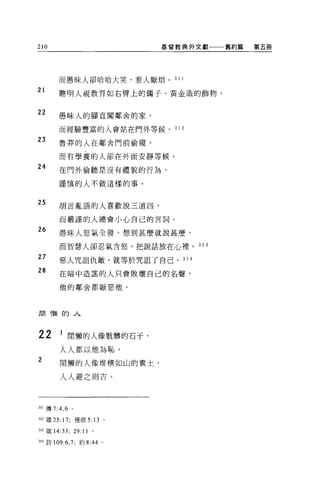 210                             基督教典外文獻一一一舊約篇   第五冊




        而愚昧人卻哈哈大笑，惹人厭煩。           31 1

21      聰明人視教育如右臂上的獨子、黃金造的飾物。


22      愚昧人的腳直闖鄰舍的家，

        而經驗豐富的人會站在門外等候。 31 2

23      魯莽的人在鄰舍門前偷窺，

        而有學養的人卻在外面安靜等候。

24      在門外偷聽是沒有禮貌的行為，

        謹慎的人不做這樣的事。


25      胡言亂語的人喜歡說三道四，


         而嚴謹的人總會小心自己的言詞。
26       愚昧人怒氣全發，想到甚麼就說甚麼，

        而智慧人卻忍氣含怒，把說話放在心裡。 31 3

27       惡人咒詛仇敵，就等於咒詛了自己。 31             4

28       在暗中造謠的人只會敗壞自己的名聲，

         他的鄰舍都厭惡他。




閒懶的人



22       1 閒懶的人像骯髒的石子，
         人人都以他為恥。
2        閒懶的人像堆積如山的糞土，

         人人避之則吉。




311 傳 7:4 ， 6 。

312 餵 25: 17; 提前 5:   13    0




m 儀 14:33; 29:11 。

314 詩 109:6 ， 7; 約 8:44 。
 