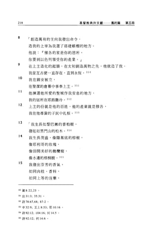 218                                     基督教典外文獻一一一舊的篇   第五冊




8       「創造萬有的主向我發出命令，


        造我的上帝為我選了搭建帳棚的地方。

        他說Iî雅各的家是你的居所，

        你要到以色列領受你的產業。」
9       在上主造化的起頭，在太初創造萬物之先，他就造了我。

        我從互古便一直存在，直到永恆。口。

10
        我在錫安被立，
        在聖潔的會幕中事奉上主。 351

11
        他揀選他所愛的聖城作我安息的地方，

        我的居所在耶路撒冷。 352

12      上主的份就是他的百姓，他的產業就是雅各，

        我在他尊貴的于民中扎根。 353


13      「我生長如黎巴嫩的香柏樹，

        發旺如黑門山的柏木。 354

14      我生長茂盛，像隱基底的棕樹，

        像耶利哥的玫瑰，

        像田間美好的橄欖樹，

        像水邊的梧桐樹。                  355

15      我發出芬芳的香氣，

        如同肉桂、香料，

        如同上等的沒藥，



350 巖 8:22 ， 25 。

回l 出 31:3;   35:31   。

352 詩 78:67 ，的; 87:2 。

3臼申 32:9; 王上 8:53; 耶 10:16 。

制詩 92:12;     104:16; f可 14:5 。
355 詩 92:12; 何 14:6 。
 