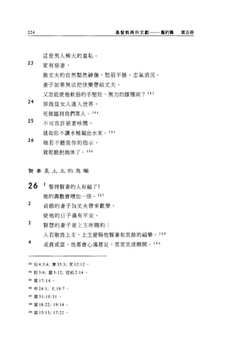 224                                  基督教典外文獻一一一舊約觴   第五冊




       這是男人極大的羞恥。
23     家有惡妻，

       做丈夫的自然黯然神傷，愁眉不展，志氣消況。

        妻子如果無法把快樂帶給丈夫，

       又怎能使他軟弱的手堅壯、無力的膝穩固? 383

24
        罪既從女人進入世界，
        死就臨到我們眾人。 384
25      不可容許惡妻吵鬧，

        就如你不讓水桶漏出水來。 385

26      她若不聽從你的指示，

        就乾脆把她休了。 386




賢 3年是上主的是賜



26      1 娶得賢妻的人有福了!
        他的壽數會增加一倍。 387

2       貞節的妻子為丈夫帶來歡樂，

        使他的日子滿有平安。
3       賢慧的妻子是上主所賜的;

        人若敬畏上主，上主便賜他賢妻和其餘的福樂。 388
4       或貧或富，他都會心滿意足，常常笑逐顏開。                 389




湖伯 4:3 ， 4; 賽 35:3; 來 12:12      0




384 創 3:6; 羅 5: 12; 提前 2: 14 。

385 竄 17: 14    。

咖申 24: 1; 太 19:7         0




387 竄 31:   1 0-31   0




3聞籤 18:22; 19:14 。

3的鐵 15:13; 17:22 。
 