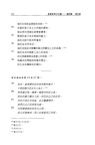 226                                           基督教典外文獻一一一舊約篇    第五冊




        她的本領能滋潤他的骨頭。 392

14
        安靜的妻子是上主所賜的禮物，

        她自律的情操比甚麼都寶貴 O

15
        賢德的妻子具有無限的魅力，

        她的貞節不能用秤量度。

16      她的家井然有序，

        她的美貌如同燦爛的陽光照耀在上主的高處。 3 日 3

17      她的美容佳貌配上迷人的身段，

        好比聖殿裡精金燈臺上的明燈。 394

18
        她健美的雙腿和堅實的雙足，

        好比金柱鎮銀座的燭台。




有古卷加有第 19 至 27 節:


19
         ftß '       'M'Jt!fJllfrX!J年持所要身妻子，

         子可妻E結力搭在那λ 身止。 395

20                  E反反?是r--f: J
        要尋車全且會，將還一站/J           fIJ                 '
        Jf!!(/ß蹄聲乎是實在OL iDJ'         (ffftt (/ßÊ! Bé夕昆主亨   o
21
         改「助于原必主ZE皇宮，正且是宮廣Þ!J多，

         f當 f!'!J;{ 且 Bé夕!i!//XJ每 (Jj o
22       f;7}Jj[j是罪案瘟疫宿荐去~掃               o

         JX丈/1f嚴正璽癖 ， Jj!fλ 即要是安ÆL:fßJJlf o




392 簽 15:30; 31: 詣， 29   0




3間接 31 :27 。

394 利 24:2 ， 4   。

3血饅 5:17 ， 18 。
 